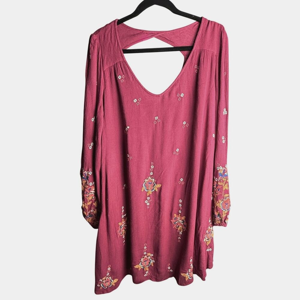 Free People Burgundy Boho Floral Embroidered Cold Shoulder Tunic Top sz M